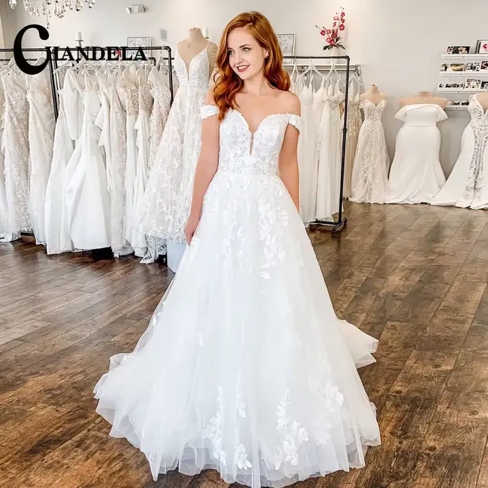 CHANDELA charmante robe de mariée trapèze pour femmes dentelle Appliques laçage Tulle plis col en V 