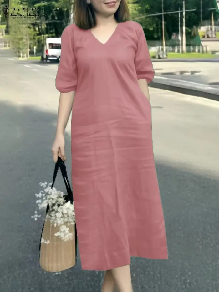 ZANZEA 2025 mode Robe d'été femmes col en V à manches courtes vacances