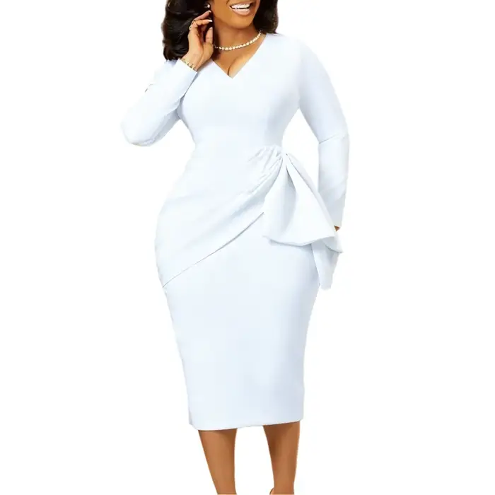 Robes d'église pour femmes, robe fourreau sexy à col en V, manches longues, froncée, taille haute, v