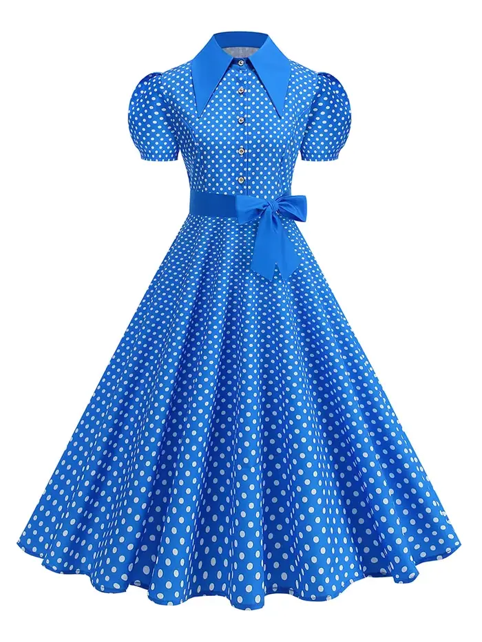 Robe à pois élégante avec ceinture à nœud pour femmes, coupe régulière, longueur mi-longue, imprimé rétro tendance, printemps/été