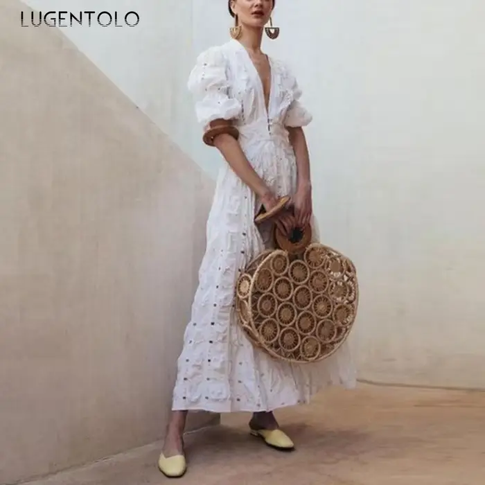Lugentolo-Robe en dentelle blanche pour femme, manches courtes, col en V profond, mince, grande bala