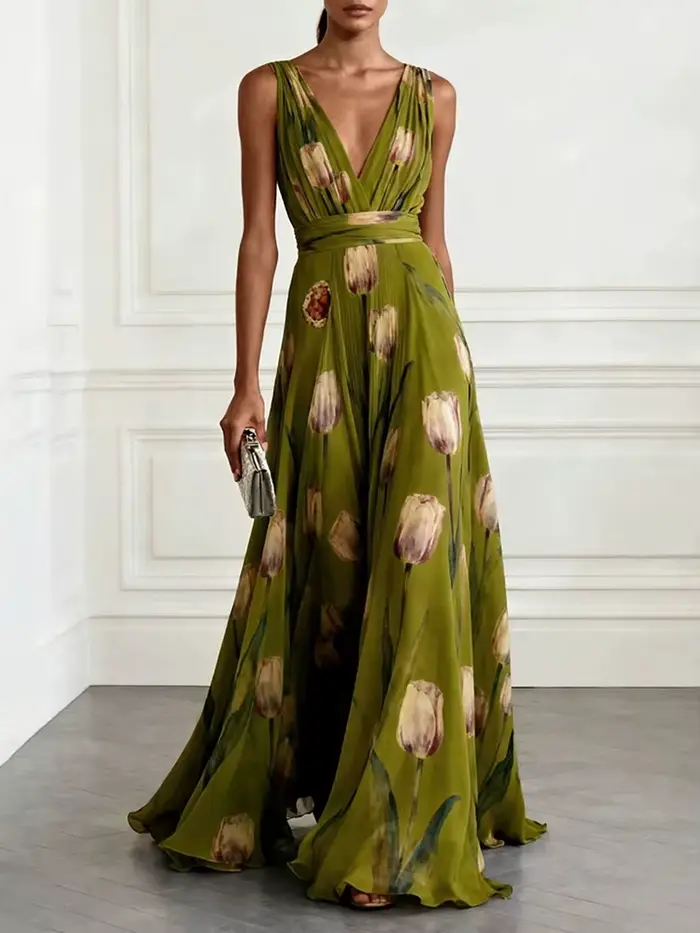 Robe longue élégante en mousseline de soie à col en V profond