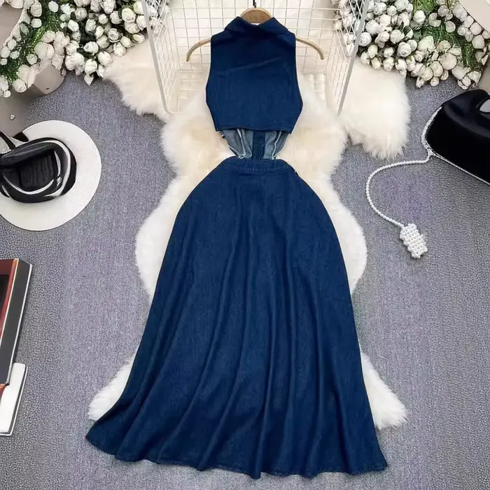 Robe en jean évidée à col rabattu pour femmes