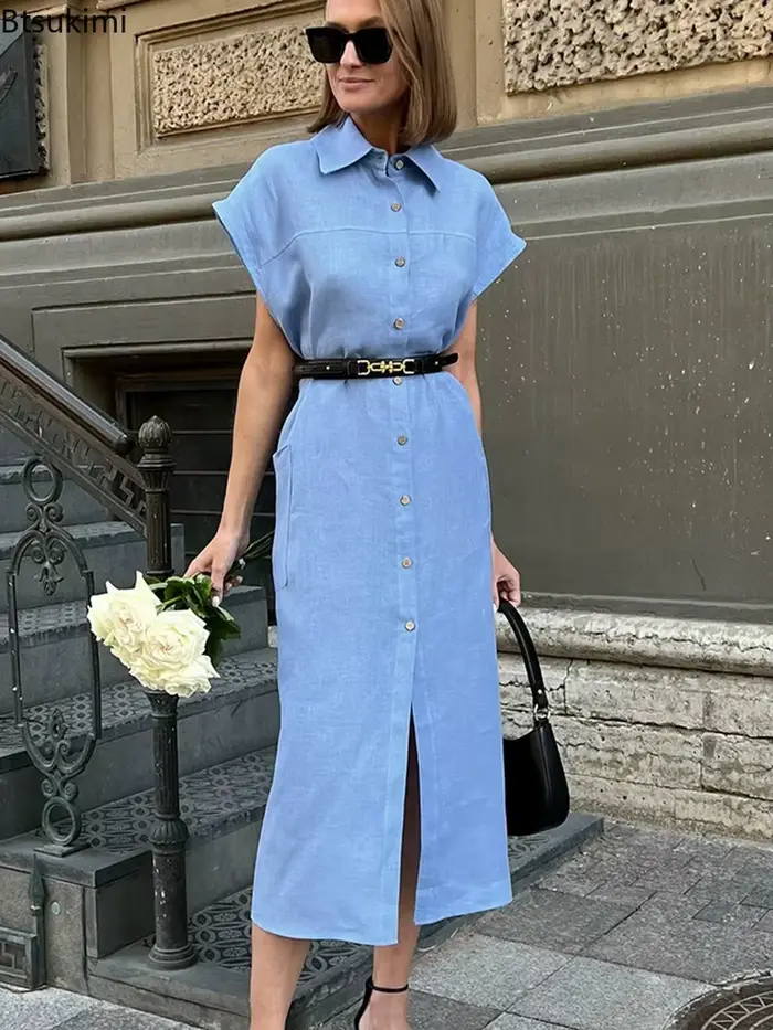 Robe longue d'été élégante pour femme en coton et lin, taille haute, à lacets, style chemise à revers, pour le bureau ou les loisirs