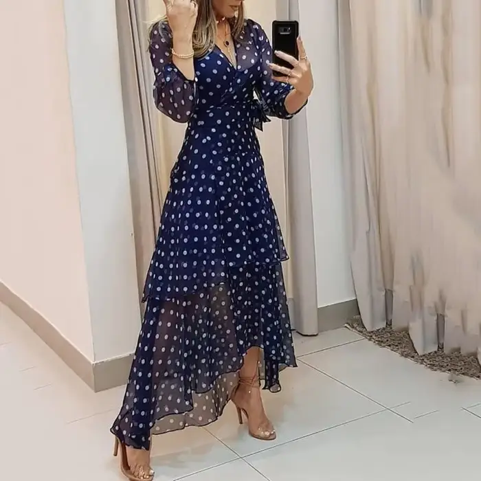 Robe de Soirée Élégante à Pois Imprimé Bleu Foncé, Tenue Plissée Irrégulière, Décontractée, Col en V