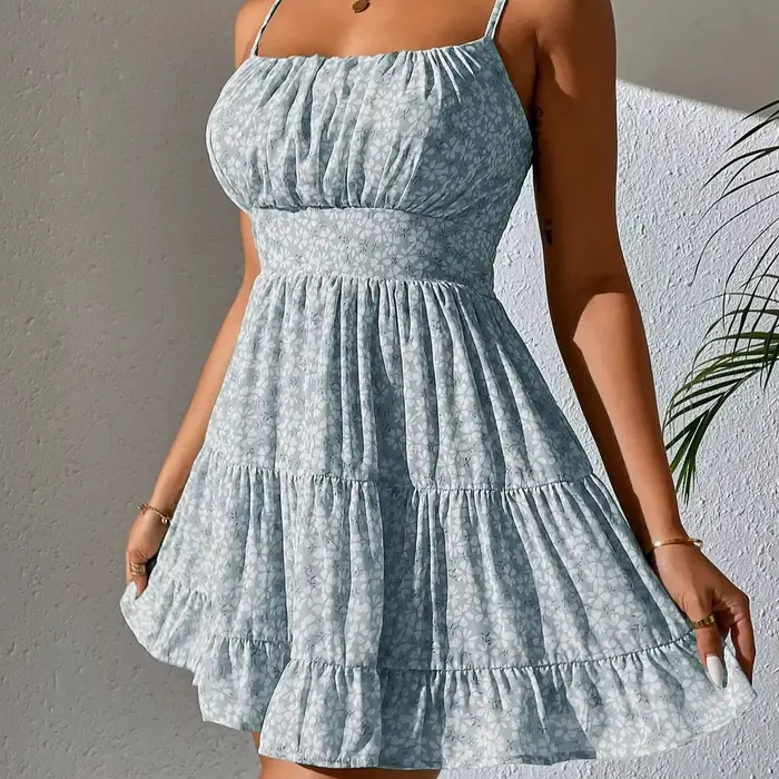 Robe courte française d'été chic des prairies avec collic floral et volants cascade pour femmes junior style street mode occassions spéciales