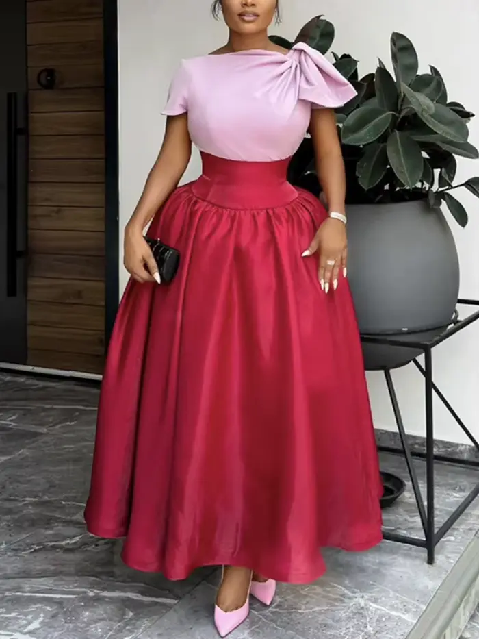 Robes Maxi bloc de couleur rouge pour femmes, manches courtes, taille haute, ligne A, mode Slim, fêt