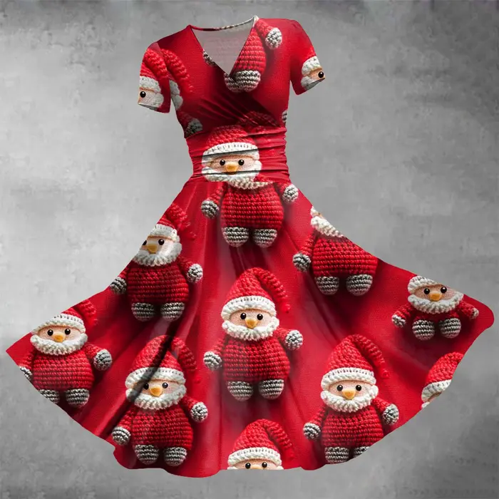 Robe trapèze à manches courtes et col en V pour femmes