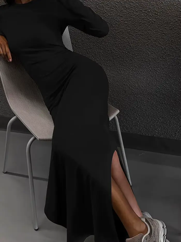 Robe de soirée glamour à manches longues col rond coupe gaine en polyester et coton pour femme style sexy club automne hiver
