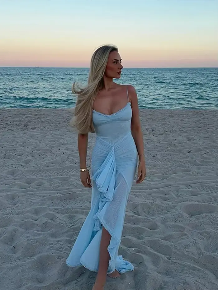 Robe Maxi plissée jaune à volants irréguliers pour femmes, Sexy, sans manches, dos nu, Slim, Robes de soirée élégantes, 2024