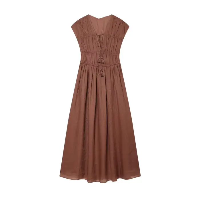 Robe Femme Été 2026 Style Européen Col V Profond Sans Manches Plissée Élégante Chic avec Cordon de Serrage Tendance Urbaine