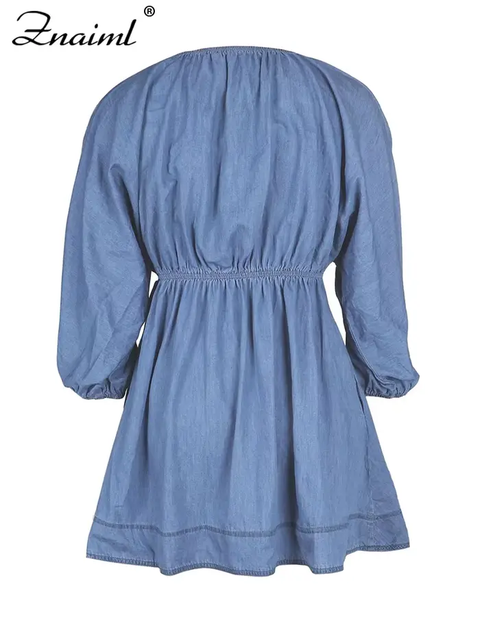 Robe en jean bleu clair Znaiml col en V manches bouffantes volants mini-robe pour femmes style de rue été automne sorties décontractées plage vacances