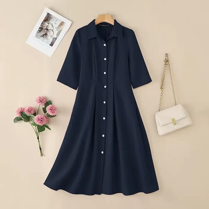 ZANZEA Femme Robes mi-longues élégantes femmes mode 3/4 manches boutonné col chemise automne déplace