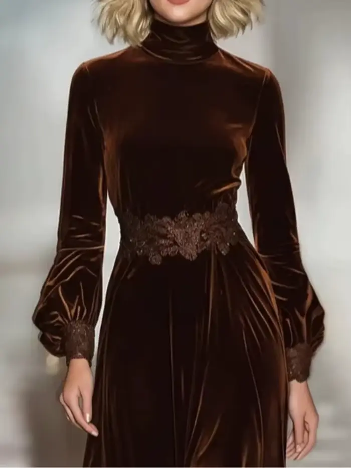 Robe longue en velours vintage élégante avec ourlet en dentelle pour femmes, style ligne U, pour soirées et événements printemps automne