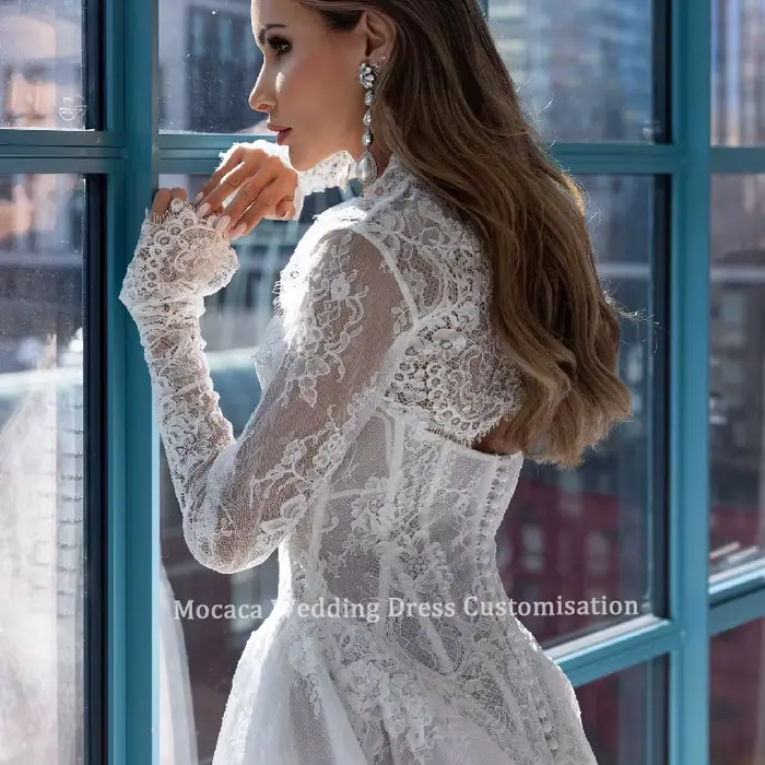 Robes de mariée personnalisées dentelle élégante à manches longues a-ligne bouton Boho robes de mariée robe de mariée