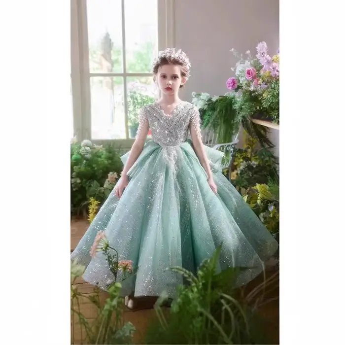 Robe formelle élégante pour filles robe de soirée verte à fleurs petite robe de Piano pour mariage anniversaire concours de princesse enfants filles occasion spéciale