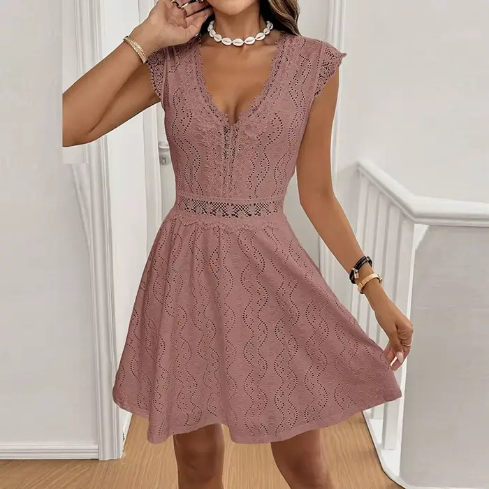 Femmes élégantes robe courte fleur imprimé col en V a-ligne à manches courtes