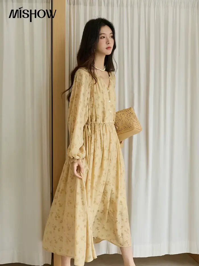 MISHOW jaune impression robe pour femme 2025 automne élégant dentelle lanterne manches taille mince longue