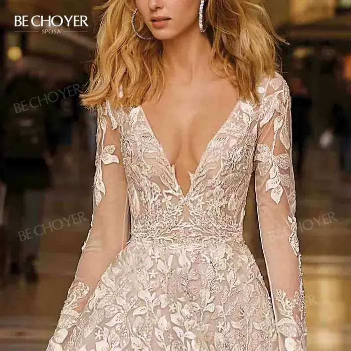 Robe de mariée col en V manches longues coupe trapèze magnifique traîne courte 2026 Princesse BECHOYER EZ56 personnalisée Vestido De Noiva