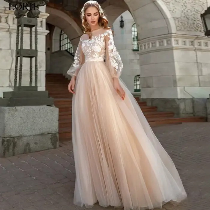 LORIE-Robe de Mariée Trapèze en Dentelle, Tenue de Plage, Manches Lanternes, Tulle, Style Boho, pour