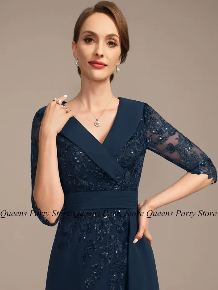 Robe mère de la mariée élégante bleu marine col en V manches trois quarts appliques à paillettes longueur au sol ligne A robe d'invité de mariage en polyester occassion wedding party