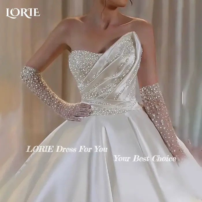 LORIE Vintage brillant robes de mariée froncé col en V sans bretelles sans Golve a-ligne robe
