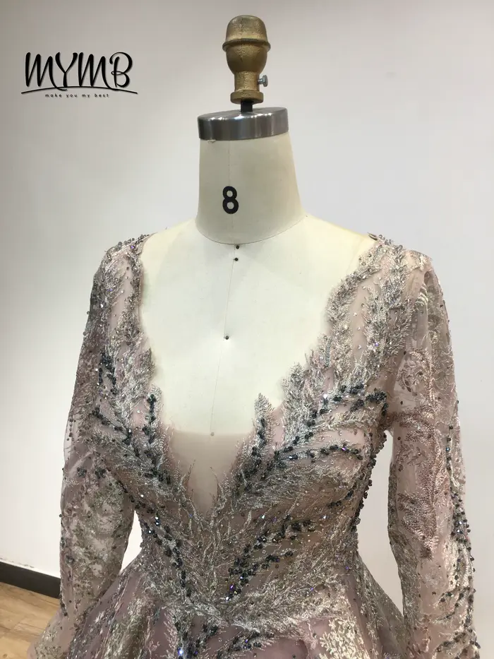 Robe de soirée MYMB en polyester avec décoration en perles et dentelle pour femmes, col en V, ligne A, mariage, fiançailles, soirée élégante, luxe, arabe