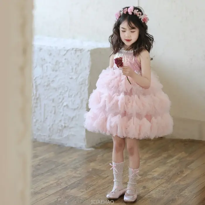 Robe de mer rose sans manches robes de fille de fleur Pageant hôte Tutu