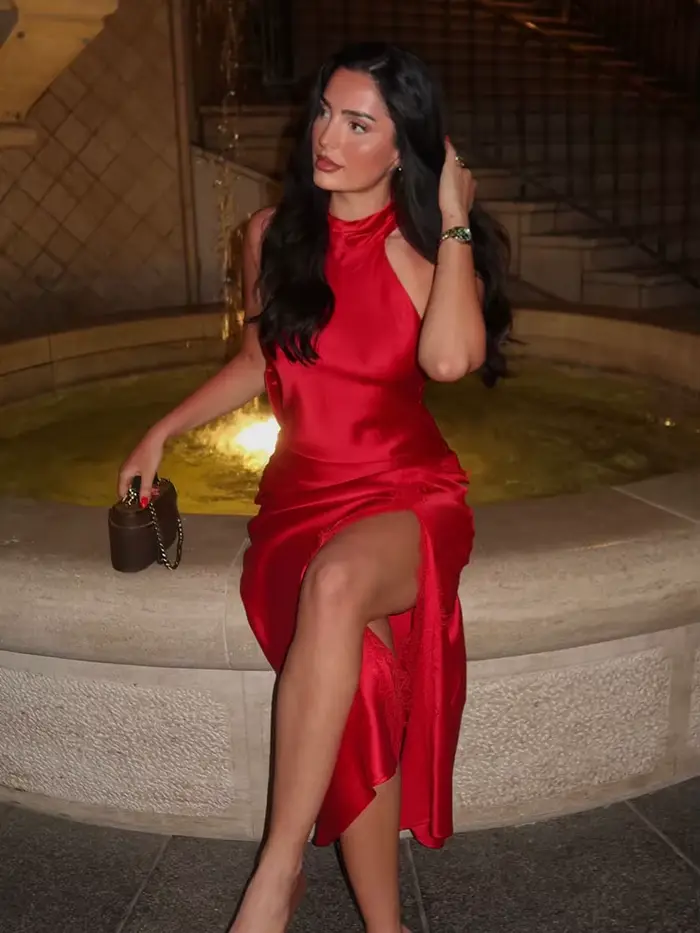Robe longue sexy sans manches à col halter pour femme avec dentelle et fente décorative idéale pour l'été et les soirées occasions spéciales