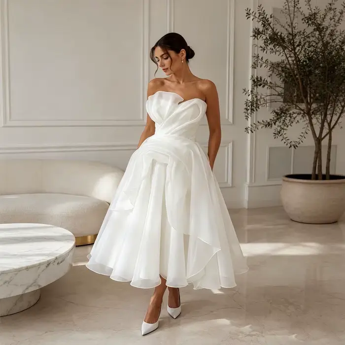 Robe de mariée midi simple 2026 en organza