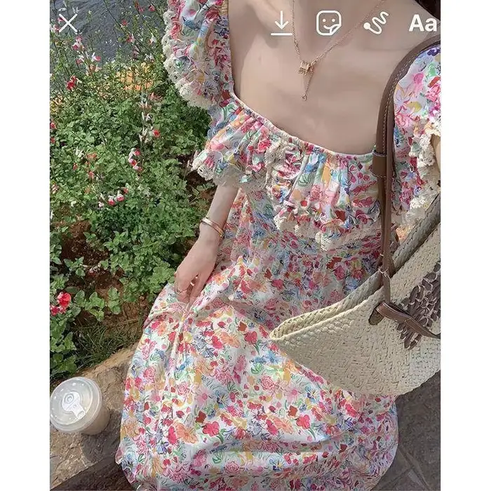 Robe longue élégante en suède douce avec impression floral pour femmes, style chic français, idéale pour vacances et occasions spéciales