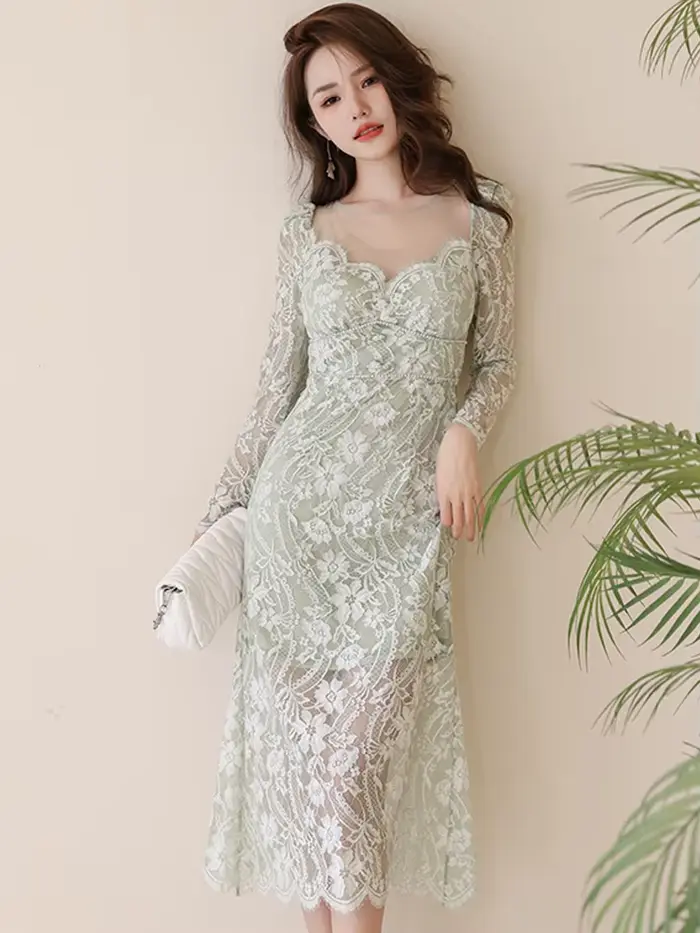 Robe maxi en dentelle transparente pour femme, robe de soirée, robe de vacances, dentelle transparen