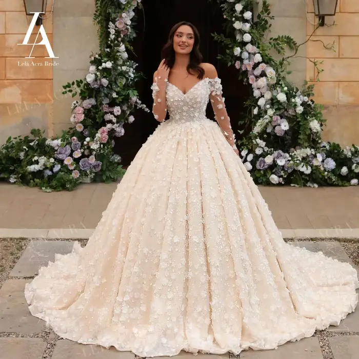 LelaAcra robe de mariée à manches longues 2026 romantique perlée 3D fleurs robe de bal princesse mar