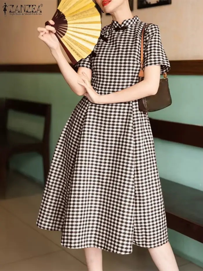 Femmes élégantes robes mi-longues ZANZEA été Plaid robe à carreaux col montant fête robe d'été manch