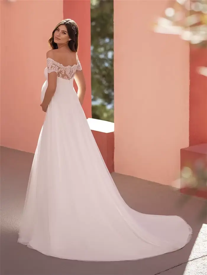 Robe de mariée de plage personnalisée pour femmes enceintes en polyester et élasthanne avec col bateau et manches courtes pour cérémonies de mariage sur la plage