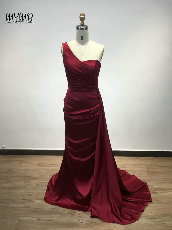 MYMB marron une épaule sirène élégante robes de demoiselle d'honneur arabe plissé longue ruban modeste