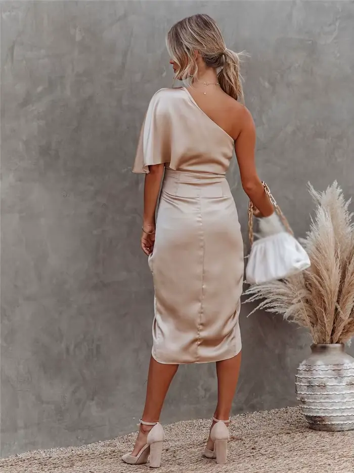 HBLL robes élégantes pour femmes col diagonale été Sexy Satin simple manches plissé solide jupe irrégulière robe de soirée noire