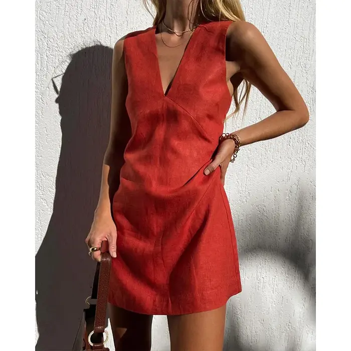 Robe en viscose et lin pour femmes, col en V, sans manches, élégante et décontractée, idéale pour les soirées estivales et les occasions spéciales