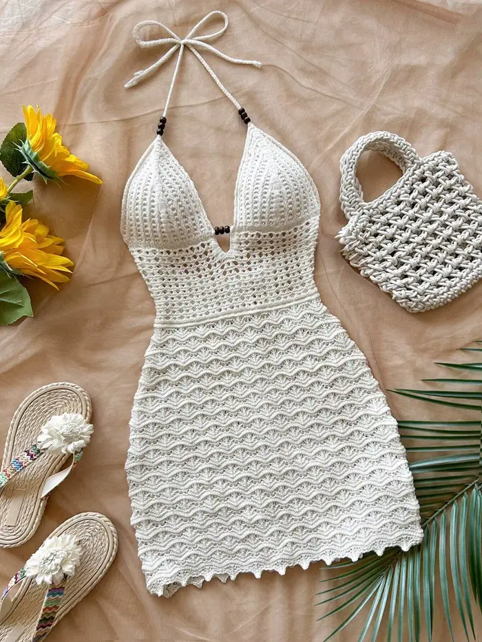 Robe en crochet blanche pour femme, col halter, robe de plage tricotée, robe courte d'été pour les v