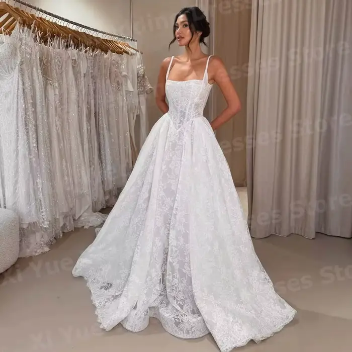 Robe de mariée élégante en dentelle style A, bretelles spaghetti sans manches pour femmes occasions spéciales