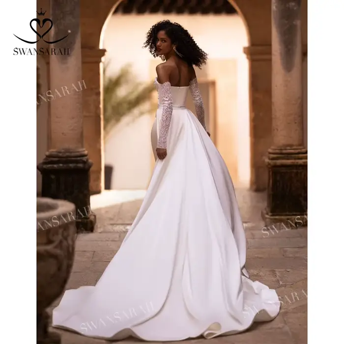 Robe de Mariée Princesse Sirène Chérie Satinée avec Train Amovible pour Femmes Occasions Spéciales