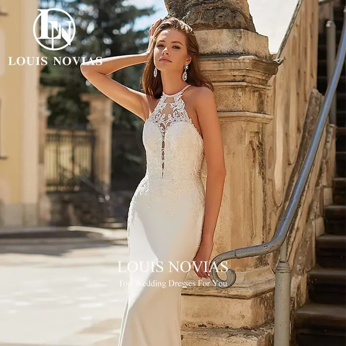 LOUIS NOVIAS robes De mariée sirène pour femme col rond brodé découpé Satin robe