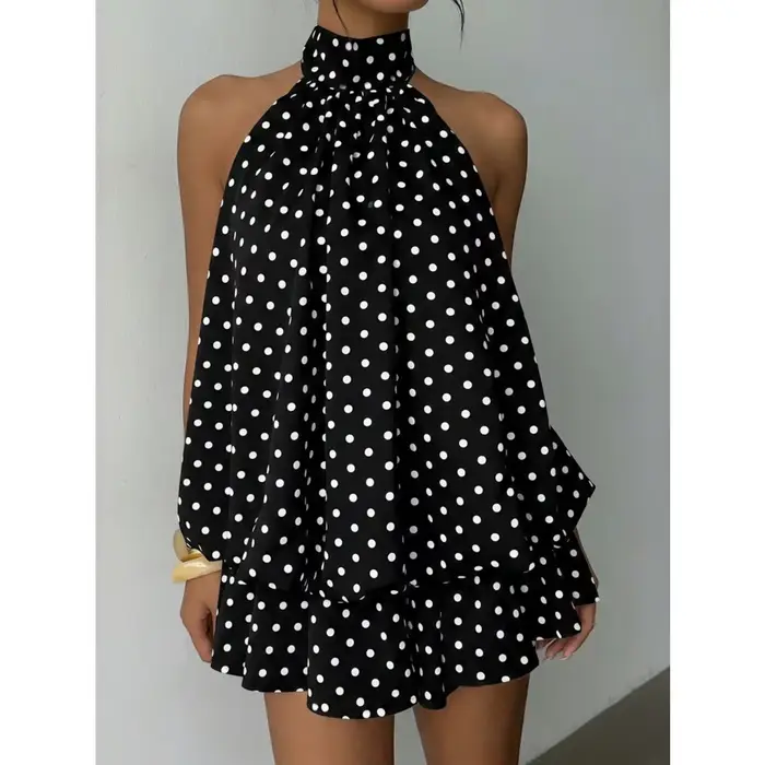 Robe Courte Halter Femme Blanche et Noire à Pois