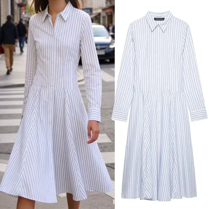 Robe chemise polyvalente en polyester style streetwear avec motif rayé et patchs travaillés à la main pour femmes, adapté à toutes les occasions et saisons printemps/été