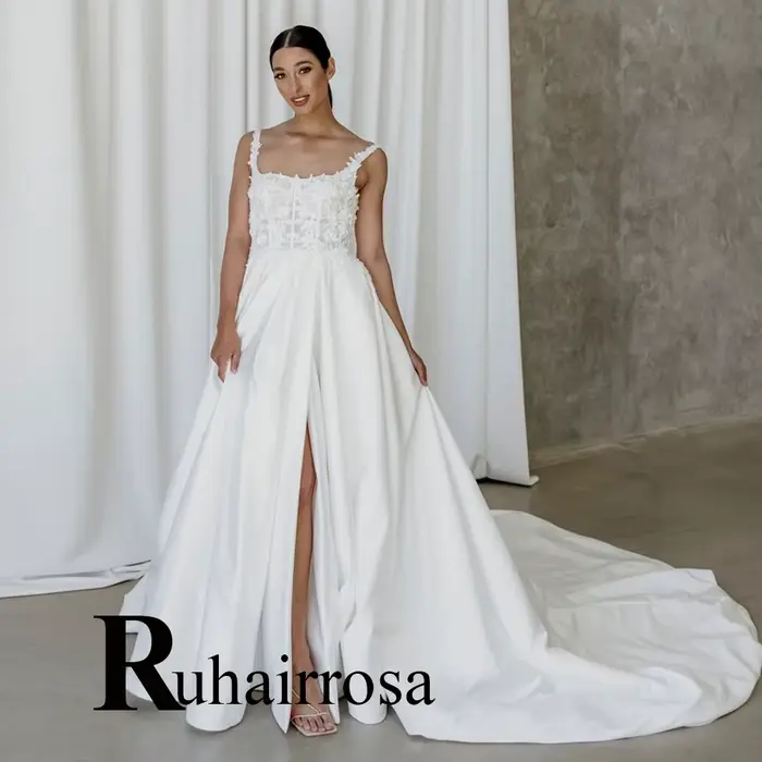 Ruhair Robe De mariée classique pour mariée ligne a Appliques haute fente Satin bretelles Spaghetti
