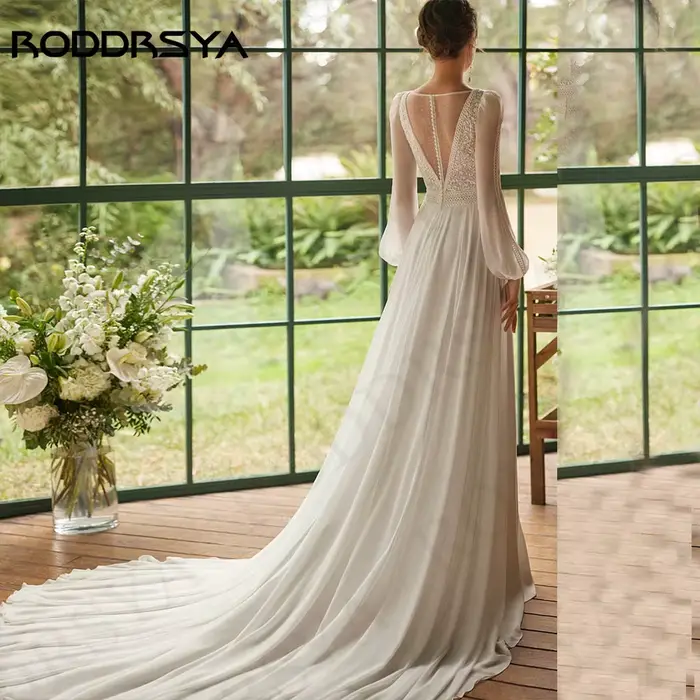 Robe de Mariée Bohème en Mousseline de Soie pour Femme Tenue Éducative Manches sulf Dentelle Appliques Ligne A