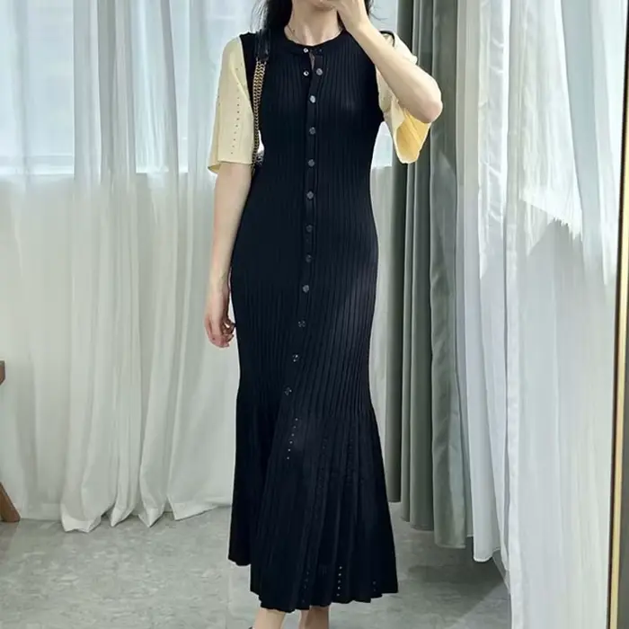 Robe sirène tricotée amincissante, nouveau parfum français élégant, haut de gamme, ajourée, aminciss