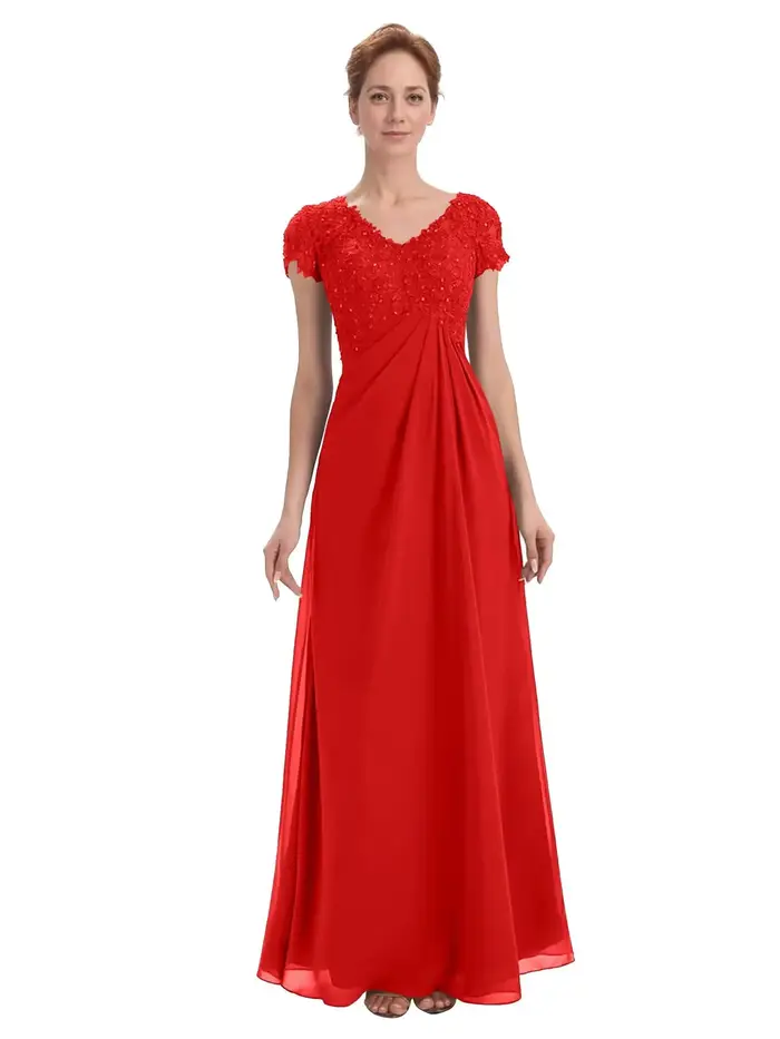 Robes de mère de la mariée personnalisées pour femmes, en dentelle, avec appliques, en mousseline de soie longue, à manches courtes, ornées de perles, pour invitées de mariage