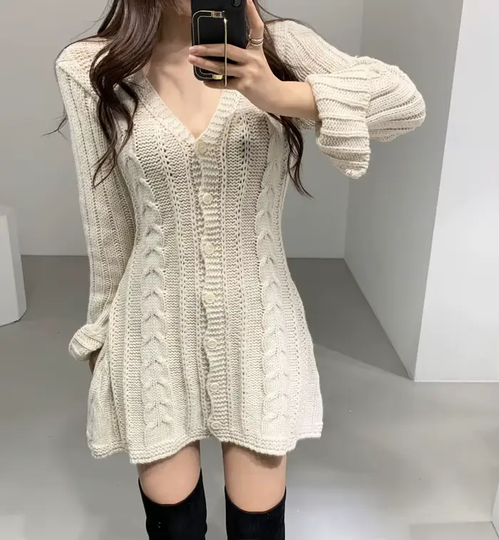 Robe pull pour femme, manches longues, tricot torsadé, boutonnée, ajustée, mini-robe, tenue rétro de
