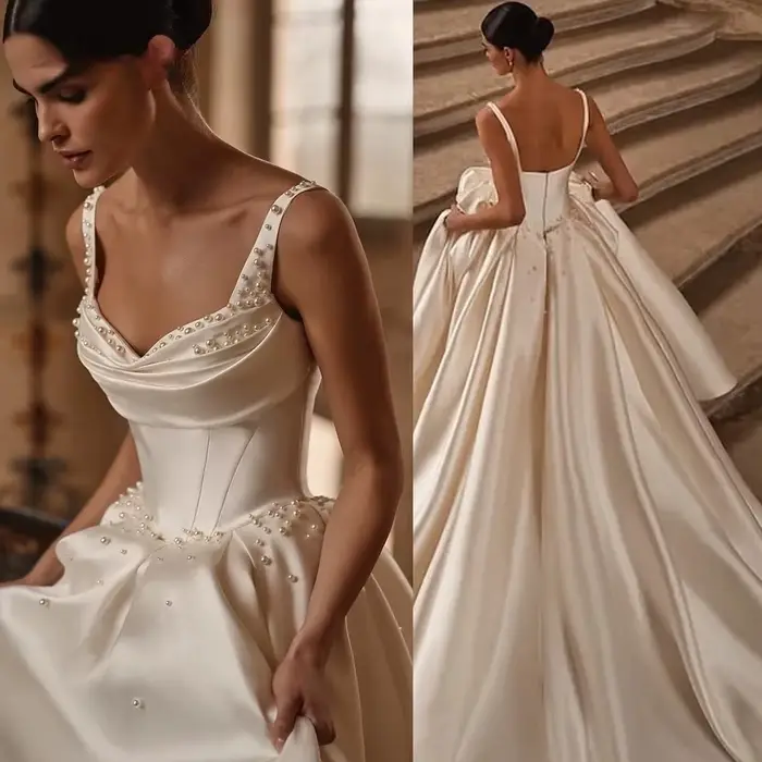Perles élégantes a-ligne robes de mariée bretelles Spaghetti Satin robes de mariée Sexy dos nu robe